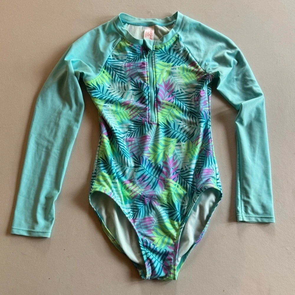 Cat & Jack Swimsuit Tropical Leaf Print Girls XL Rashguard Sleeves Zipper Aqua